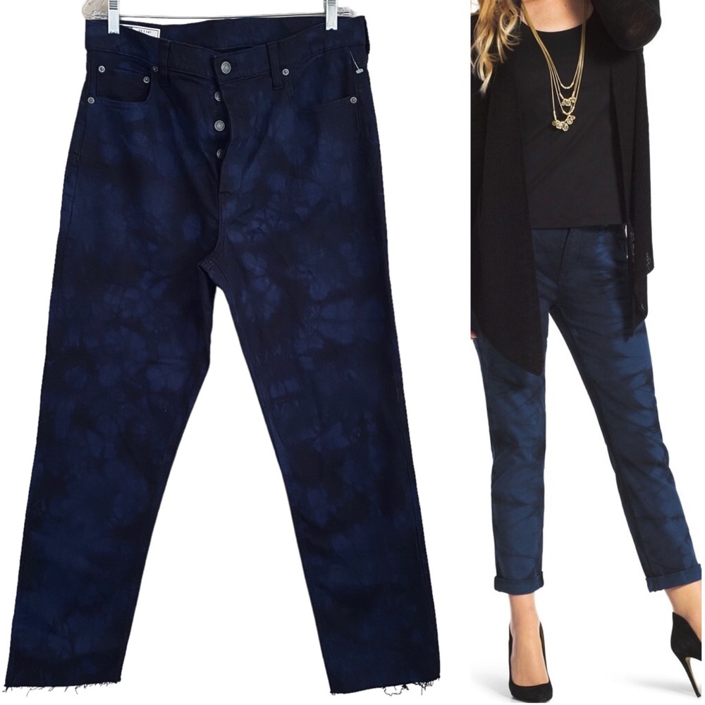 PLUS GAP NEW Black & Blue Tie Dye High Rise Cheeky Straight Raw Hem Jeans 14Tall